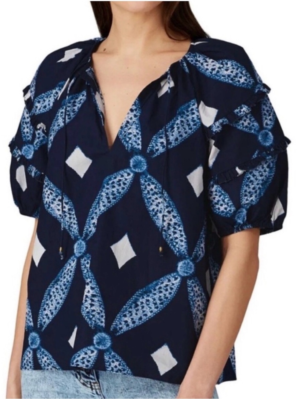 Ulla Johnson Arusi Blue Floral Tie Neck Puff Sleeve Blouse Size 0